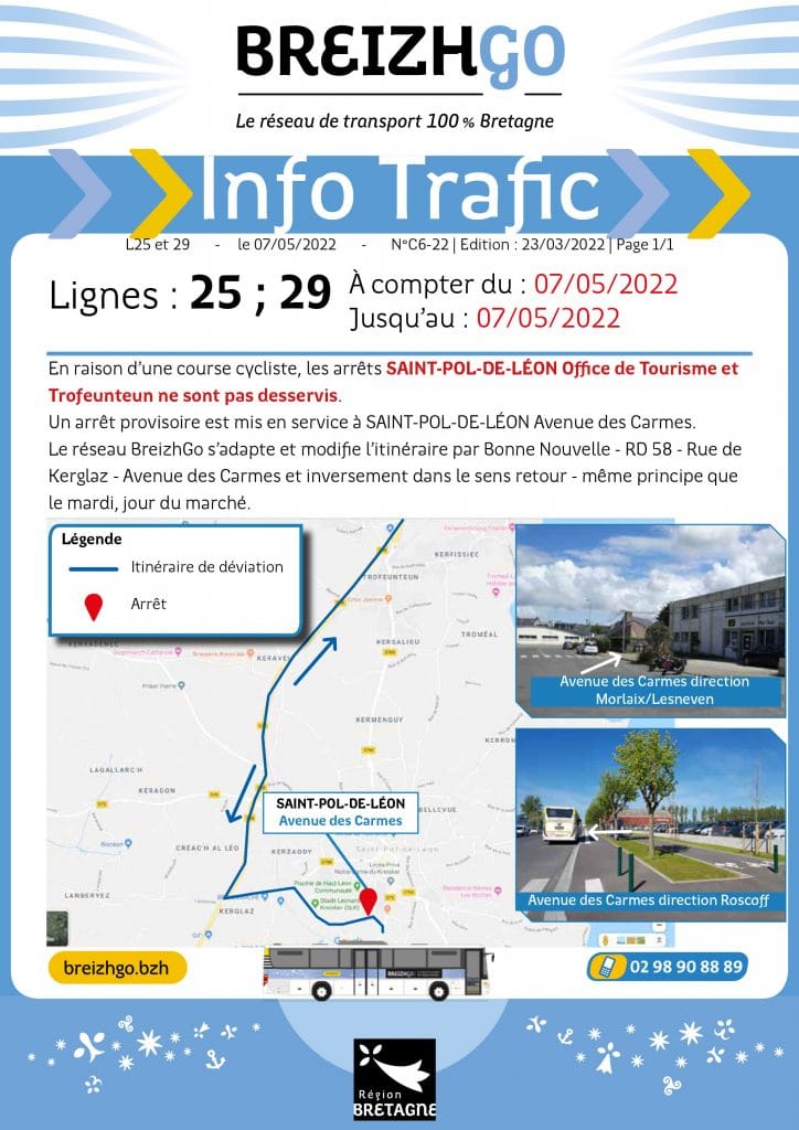 perturbations sur les lignes 25 et 29, le 7 mai à St Pol de Léon.